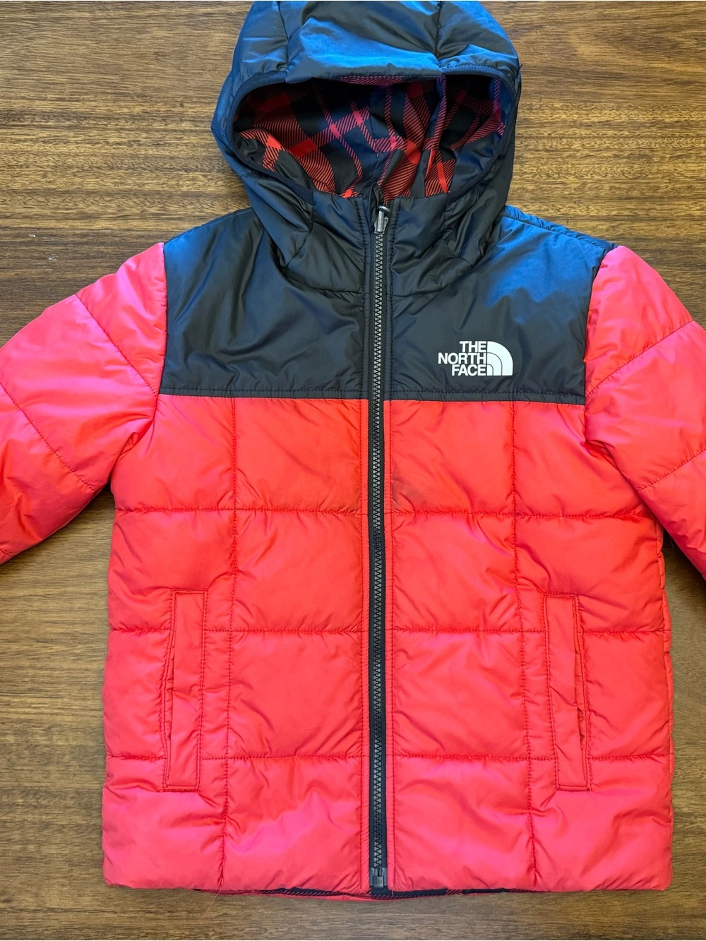 The North Face Red and Black Puffer Jacket with Hood Size 7/8
